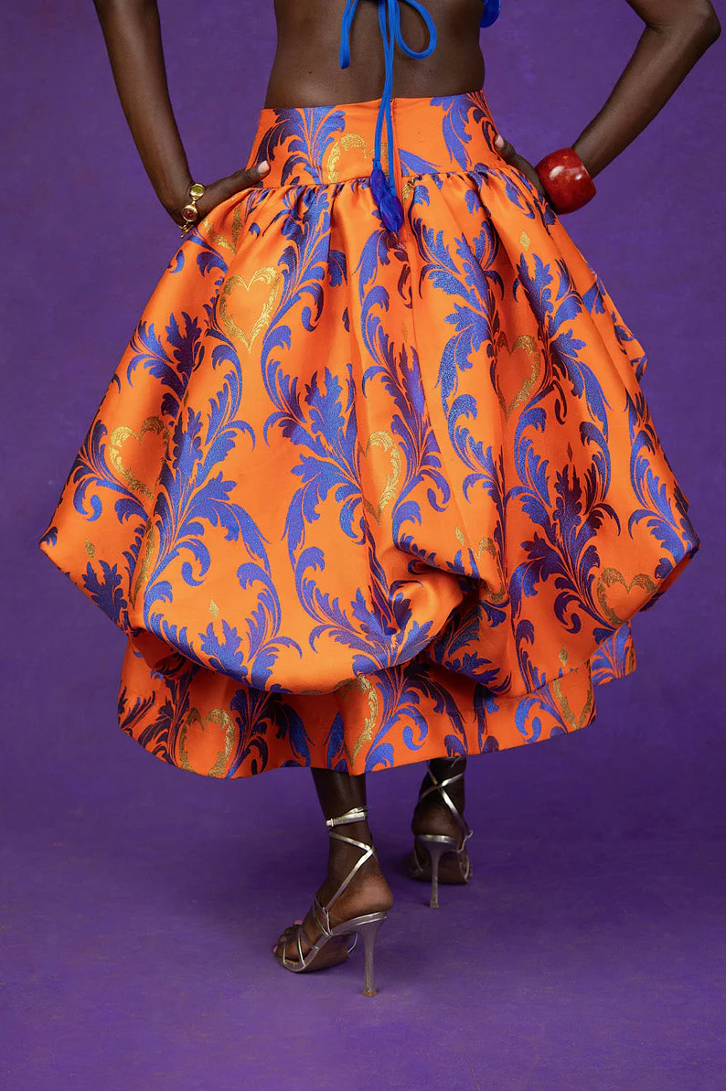 Adeola Printed Brocade Bubble Skirt - Orange - Image 3