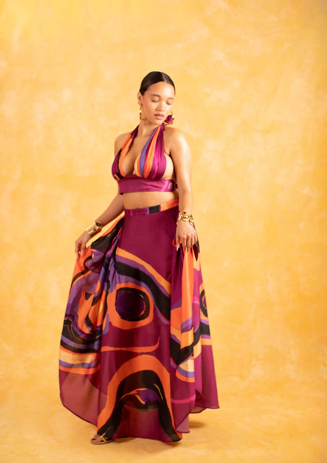 Indira Halter Silky Satin Printed Top - Isimi Print - Magenta - Image 3