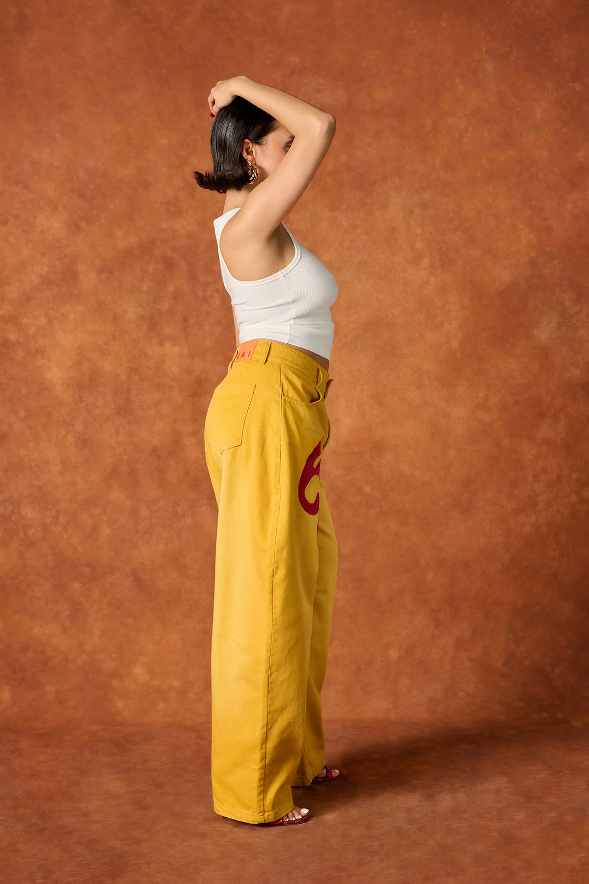 Khala Denim Barrel Leg Logo Embroidered Jeans - Yellow - Image 10