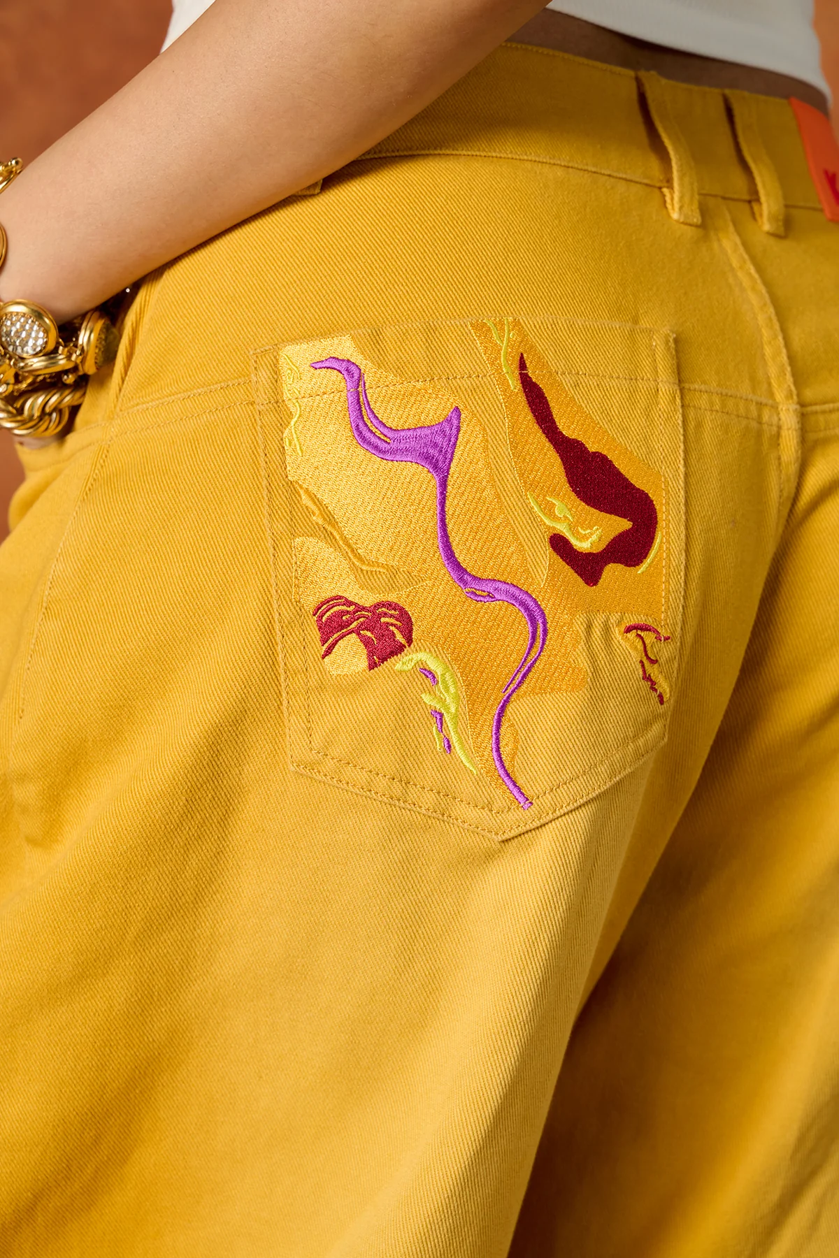 Khala Denim Barrel Leg Logo Embroidered Jeans - Yellow - Image 11
