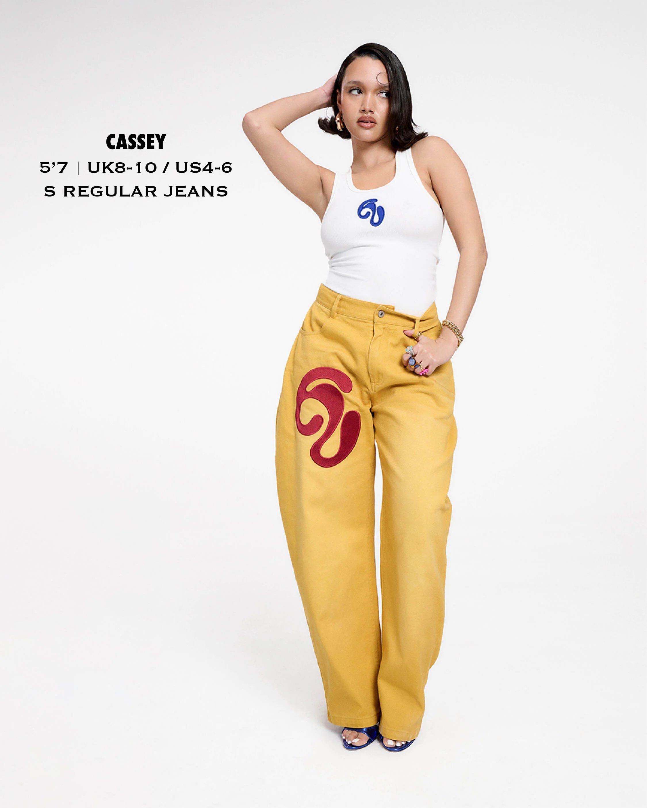 Khala Denim Barrel Leg Logo Embroidered Jeans - Yellow - Image 14