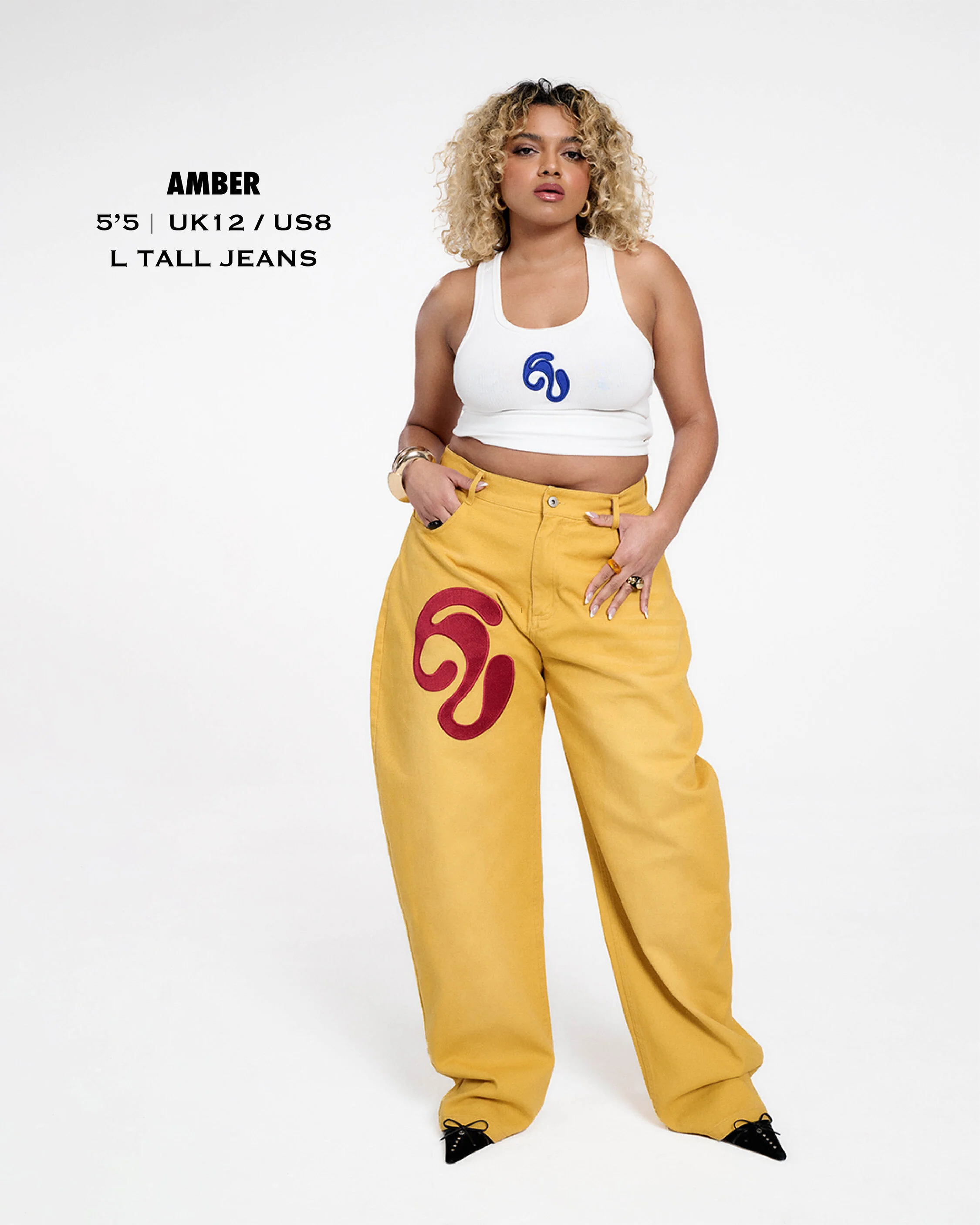 Khala Denim Barrel Leg Logo Embroidered Jeans - Yellow - Image 16