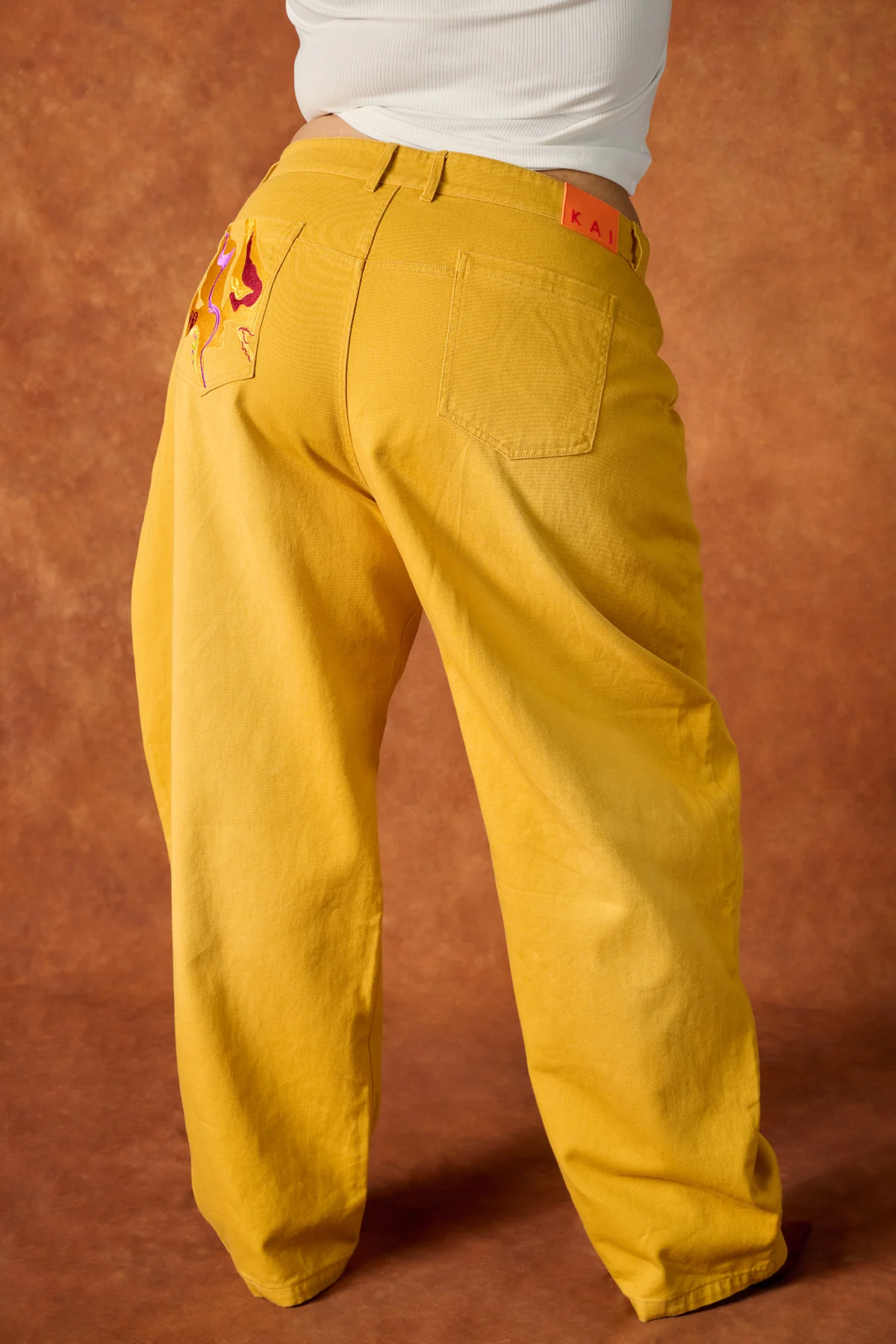 Khala Denim Barrel Leg Logo Embroidered Jeans - Yellow - Image 5