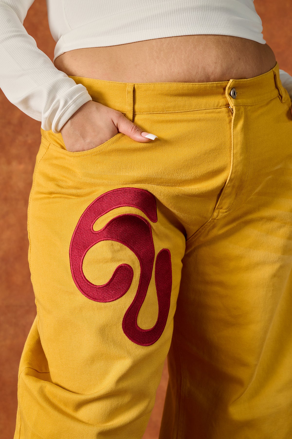 Khala Denim Barrel Leg Logo Embroidered Jeans - Yellow - Image 6