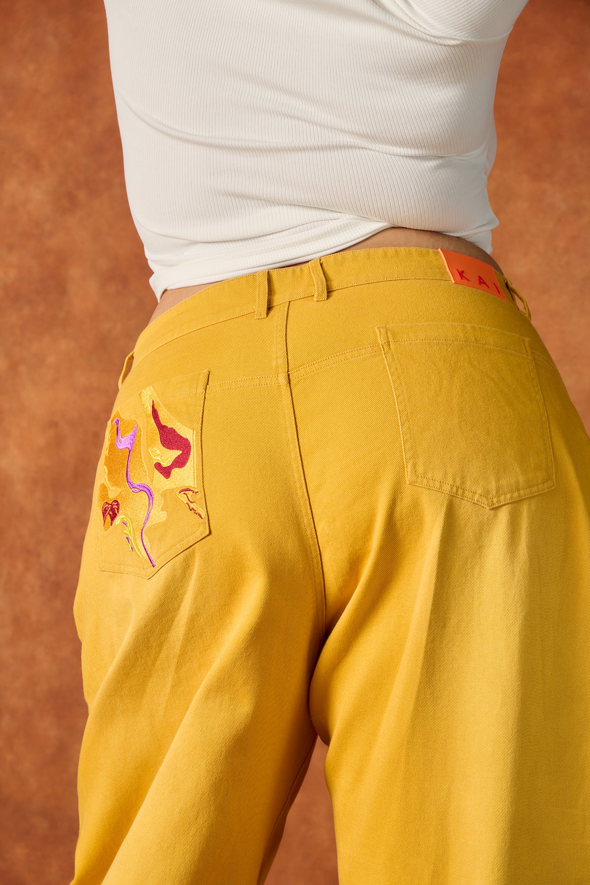 Khala Denim Barrel Leg Logo Embroidered Jeans - Yellow - Image 7