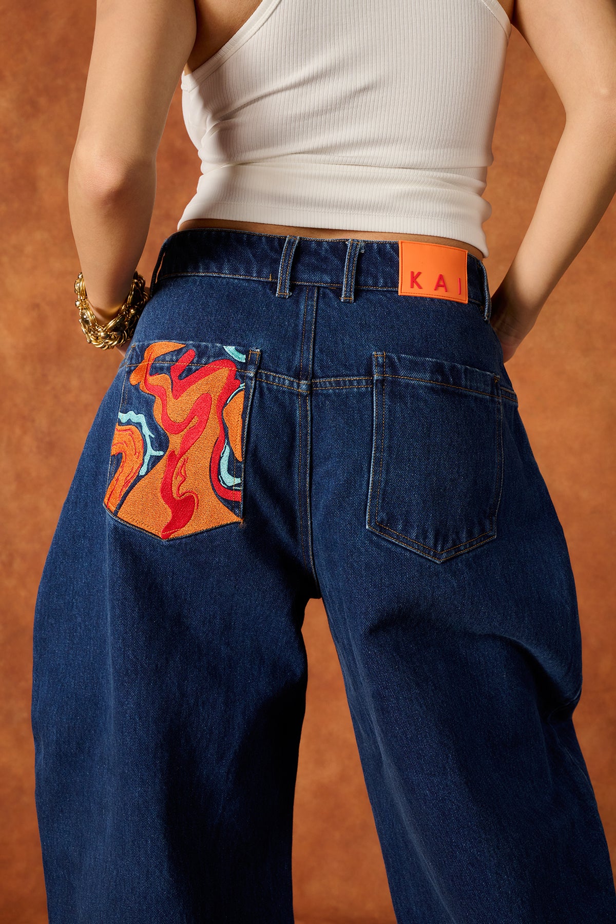 Koa Denim Barrel Leg Logo Embroidered Jeans - Blue Denim - Image 4