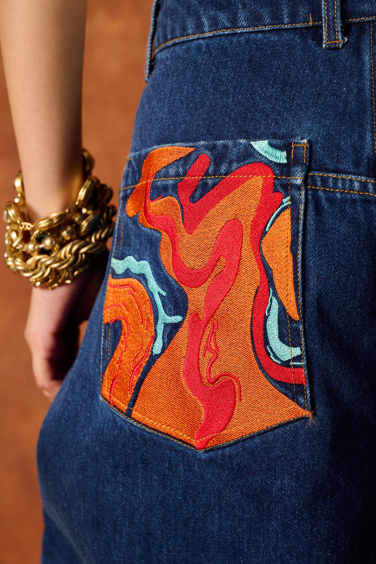 Koa Denim Barrel Leg Logo Embroidered Jeans - Blue Denim - Image 7