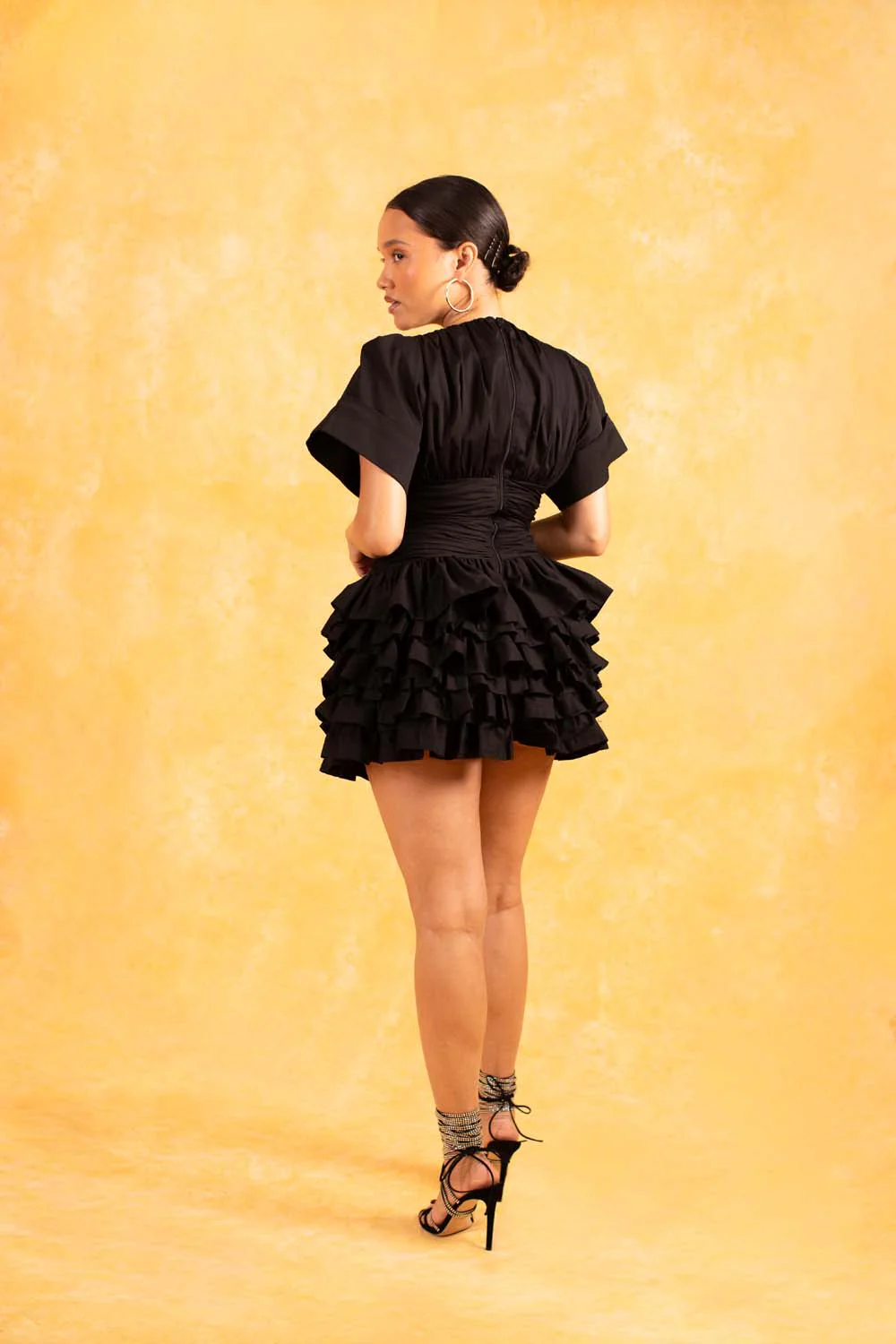 Rina Plunge Ruched Layered Ruffle Dress - Black - Image 5