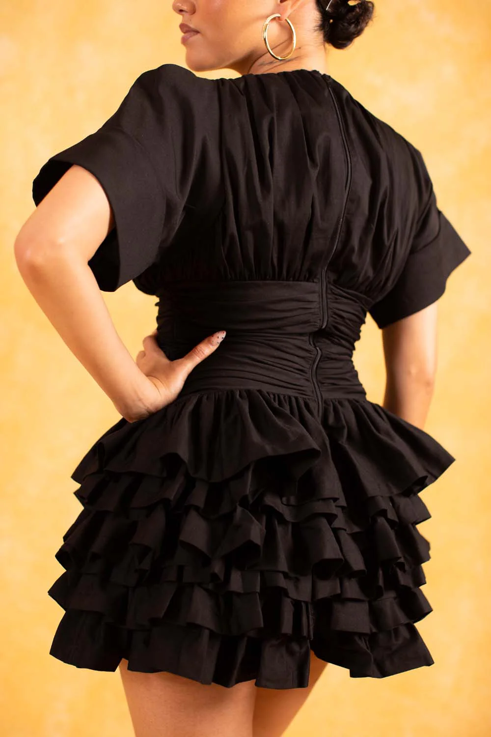 Rina Plunge Ruched Layered Ruffle Dress - Black - Image 7